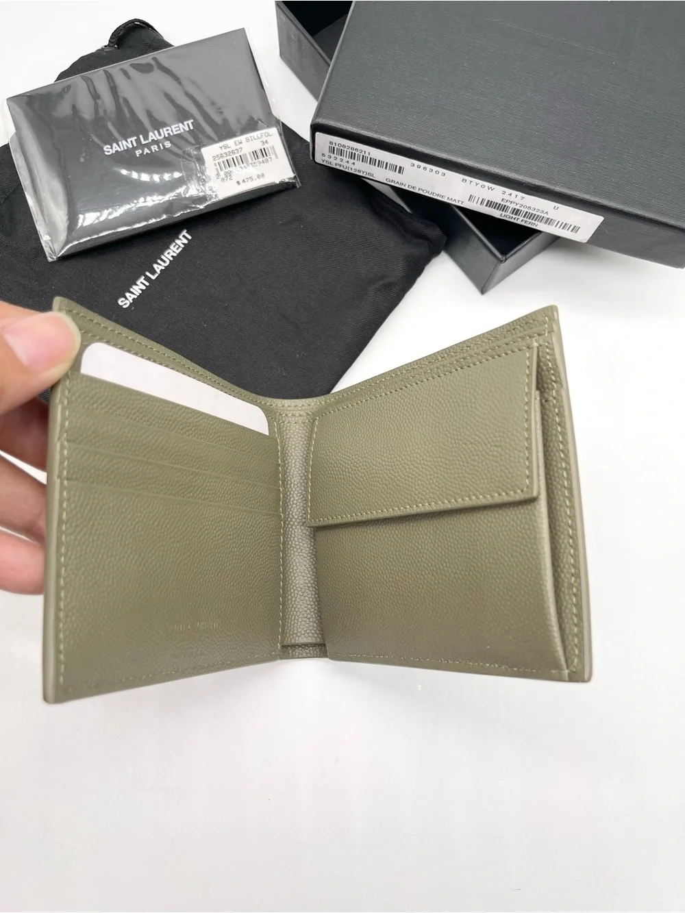 NIB Saint Laurent Paris East/West Bifold Wallet Grain De Poudre Light Fern Green
